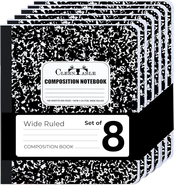CLEENTABLE Composition Notebook 8 Pack, Wide Ruled Paper, Marble Cover Notebooks for School, 9.75 x 7.5 Inches, 100 Sheets (200 Pages), Sewn Binding Comp Books, Black