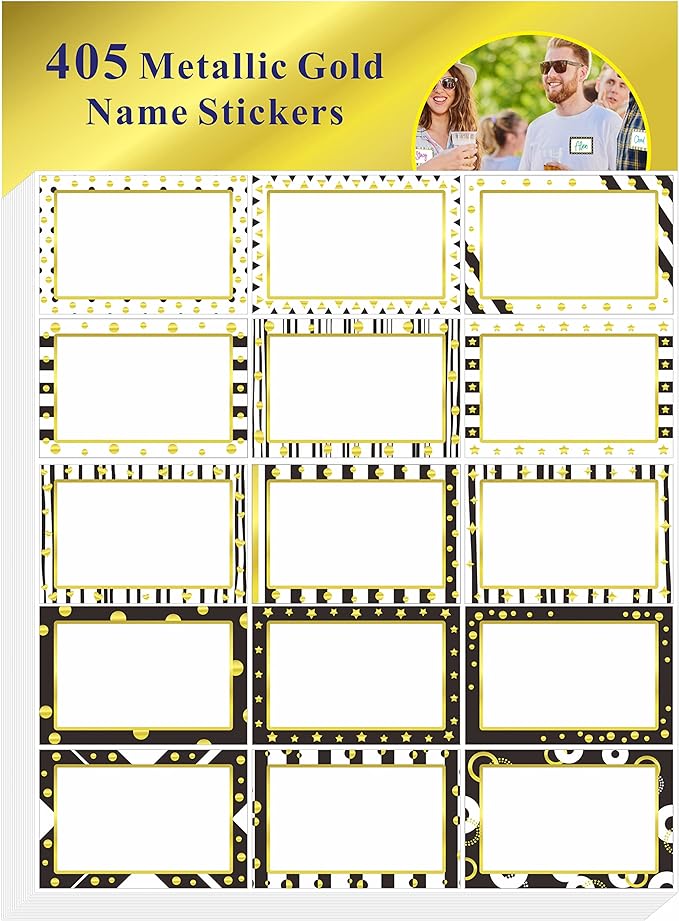 405 PCS Gold Metallic Name Tag, Blank Name Labels in 15 Designs with Permanent Adhesive Writable White Name Tag Stickers for School Office Home (Each Measures 3" x 2")