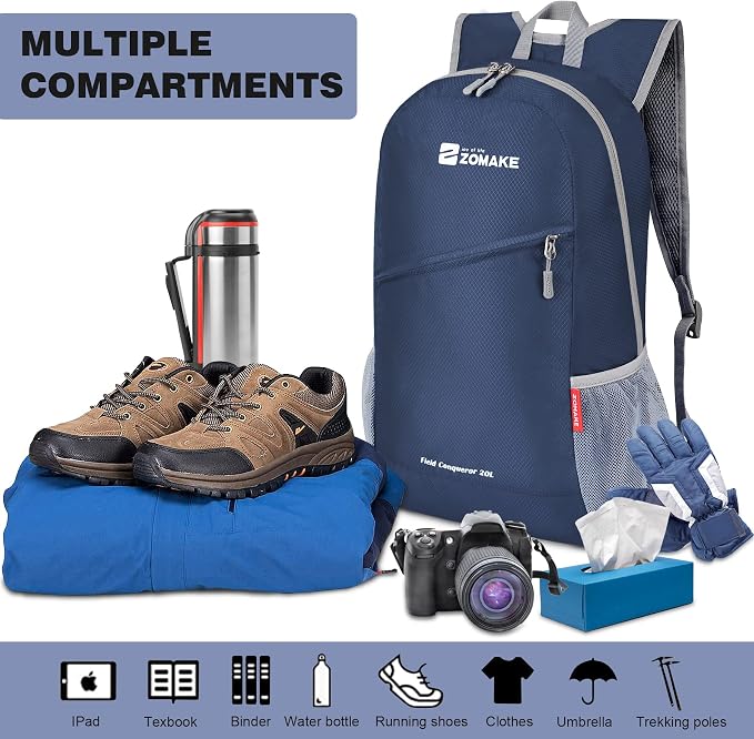ZOMAKE Lightweight Packable Backpack 20L, Foldable Small Daypack for Hiking | Water Resistant Backpacks Day Bag for Travel Outdoor Camping Sport, Everyday Carry, Multi Compartment Storage(Royal Blue)