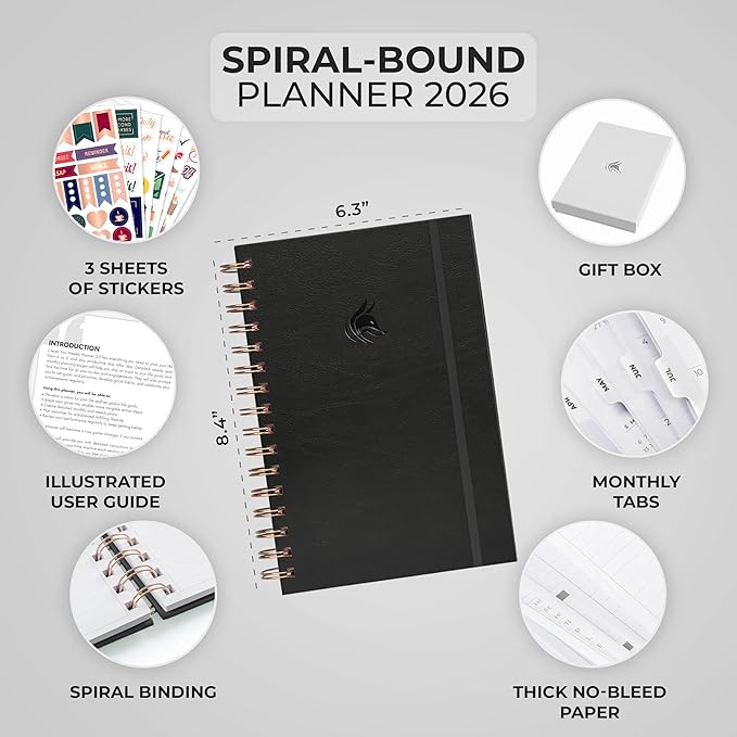 Clever Fox Dated Planner with Tabs 2026 – Weekly & Monthly Spiral Planner with Habit Tracker for Goal Setting & Time Management (Black)