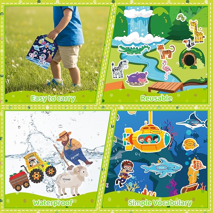 Jelly Sticker Books for Toddlers 2-4 Years, 6 Sets Reusable Sticker Books for Toddlers 1-3, Travel Toys Stickers Activity Book for Kids 2 3 4 5 6 Years Old Girls Boys Gifts (6Sets-Collection)