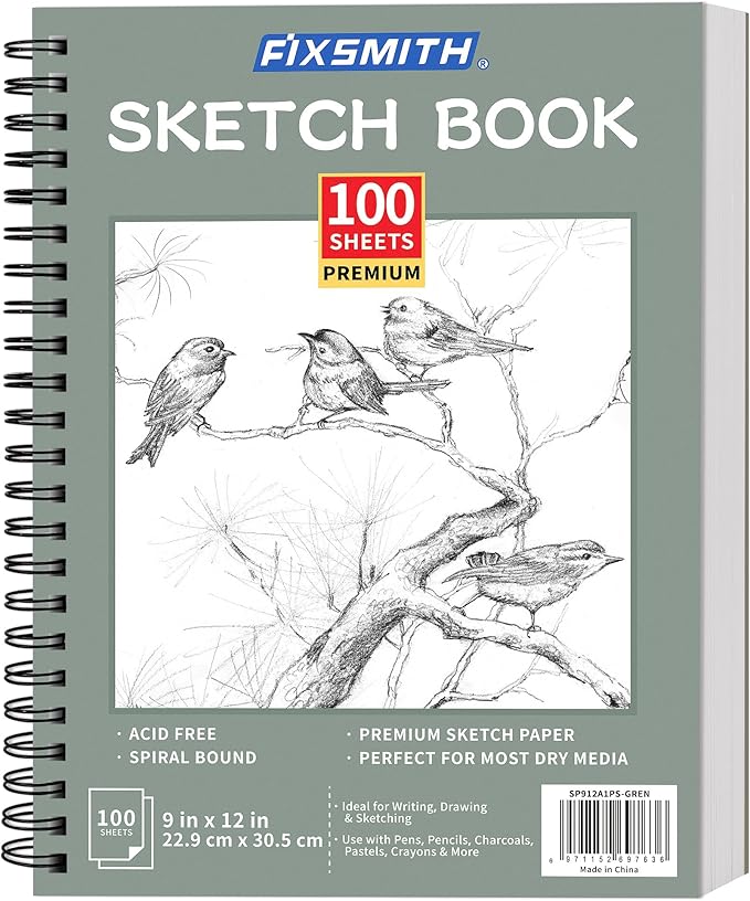 FIXSMITH 9"X12" Green Sketch Book, 100 Sheets (68 lb/100gsm) Spiral Sketchbook, Acid Free Drawing Paper, Sketch Pad for Beginners,Artists & Professionals, Bright White
