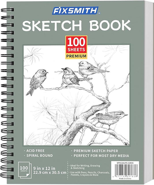 FIXSMITH 9"X12" Green Sketch Book, 100 Sheets (68 lb/100gsm) Spiral Sketchbook, Acid Free Drawing Paper, Sketch Pad for Beginners,Artists & Professionals, Bright White