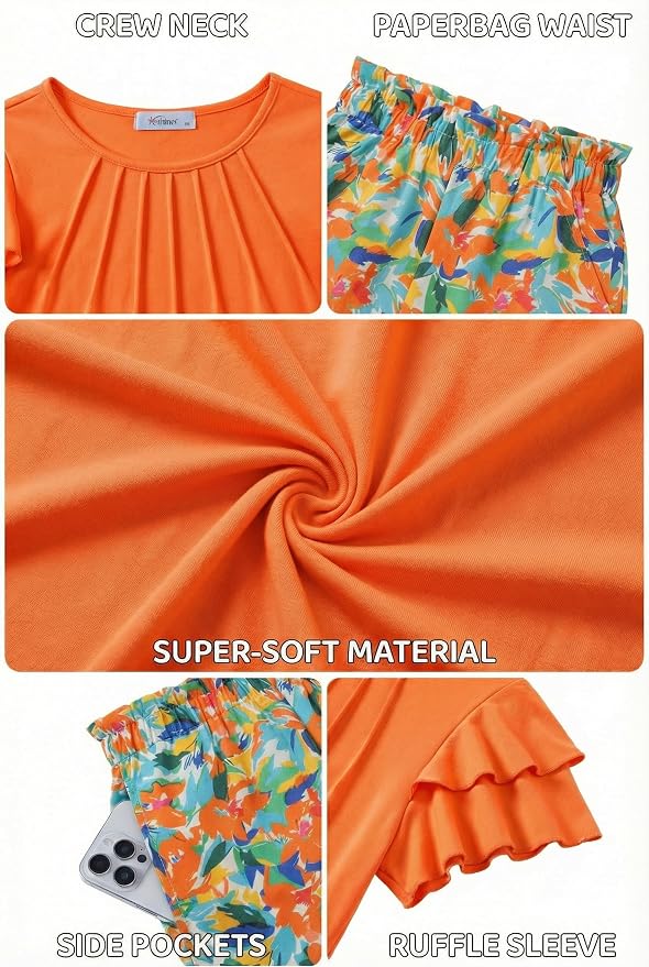 Arshiner Girls 2 Piece Outfits Summer Ruffle Sleeve Top and Paperbag Waist Shorts Set with Pockets Size 5-13 Years