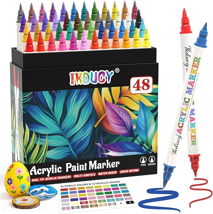 48 Colors Dual Tip Acrylic Paint Markers with Fine Tip and Brush Tip