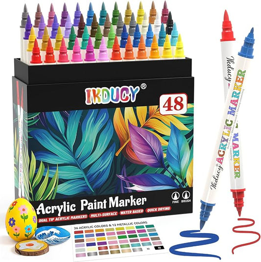 48 Colors Dual Tip Acrylic Paint Markers with Fine Tip and Brush Tip