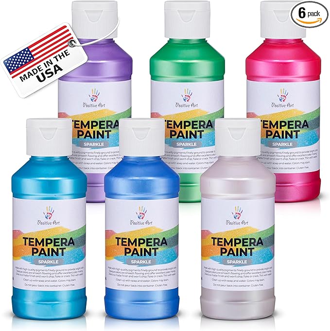 Washable Tempera Paint Set – 6 Colors, 4 fl oz Bottles, Non-Toxic Kid-Safe School & Craft Paint, Easy Cleanup, Thick Creamy Coverage, Classroom Art Supplies, Made in USA (Pearlescent)