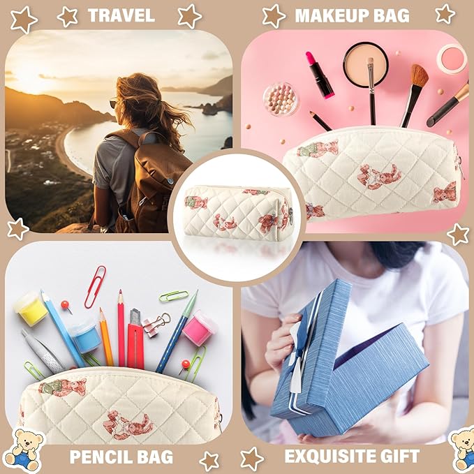 Sherr Bear Pencil Case Beige Cute Pencil Pouch Soft Cotton Quilted Storage Bag Aesthetic Pattern Gift Makeup Pouch Cosmetic Travel Bag for Women