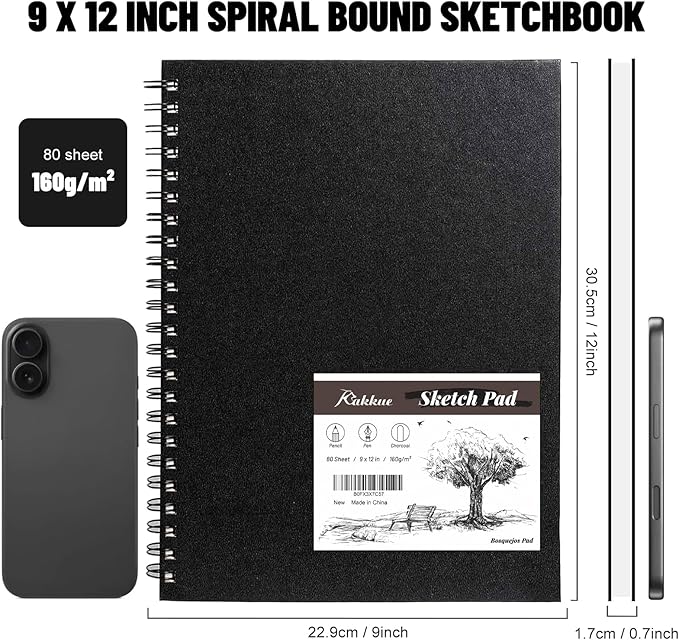 KAKKUE 9" x 12" Hardcover Sketch Book, 160gsm/80 Sheets Thick Sketch Paper Pad for Drawing & Illustration, Spiral Bound Mixed Media Art Sketchbook, Acid-Free Perforated for Artists, Beginners & Kids