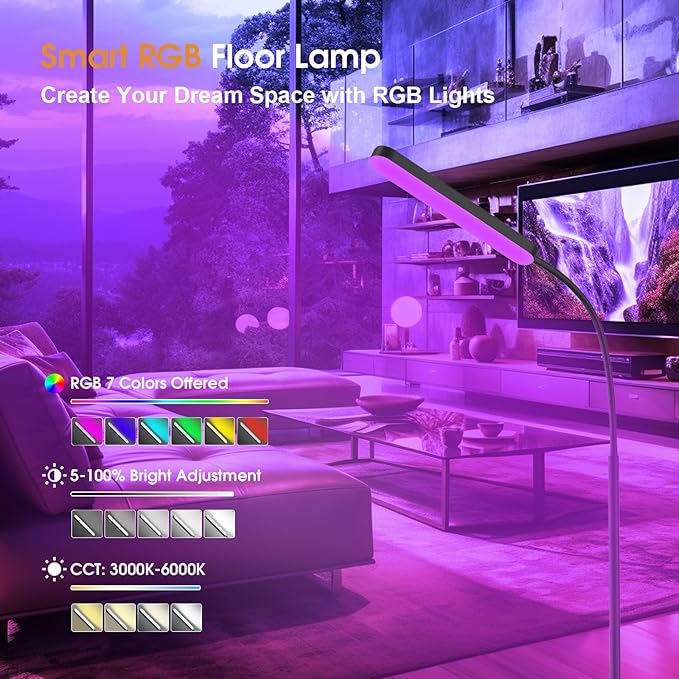 Wio-Mio Floor Lamps, RGB Color Changing Dimmer Bright LED Floor Lamp with Stepless Adjustable 3000K-6000K, Smart Remote Control Modern Standing Floor Lamp for Bedroom, Reading, Gaming Room