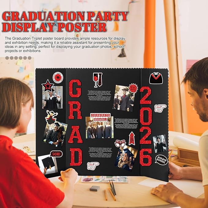 MiniInflat 4 Set 2026 Graduation Picture Trifold Poster Board Double-sided Foldable Photo Display Board Graduation Decoration for Class of 2026 High School College DIY Craft(Black Red,24 x 32 Inches)