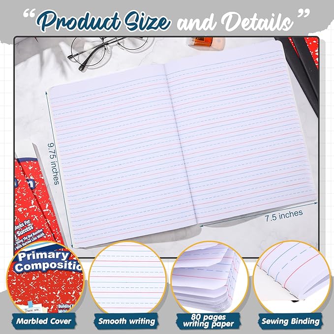 24 Pack Primary Composition Notebook,Grade K-2 Journal Wide 3 Line Ruled,80 Pages,Marble Cover,7-1/2" x 9-3/4" Primary Writing Notebook for Kindergarten Preschool,1st 2nd Grad (Red Color)