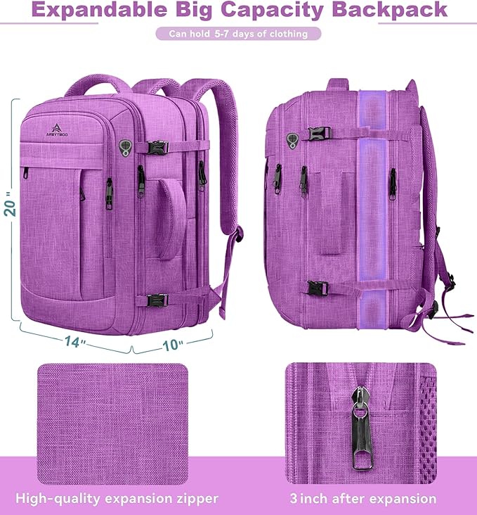 AREYTECO 50L Carry On Backpack, Extra Large Laptop Backpack, Travel Backpack for Women, Expandable Water Resistant Big Bag Anti-Theft Business Daypack Fit 17 Inch Laptop,Purple
