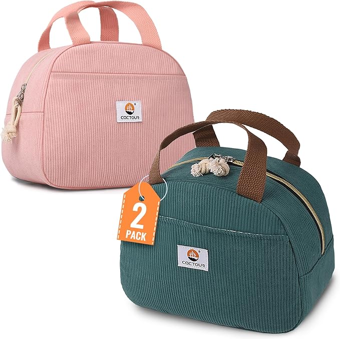 CaCTOUR Lunch Box for Women Girls Teens,Cute Lunch Box Cooler Bag, Portable Insulated Small Lunch Bag Women Reusable Corduroy Lunch Tote for Work/Travel/Picnic/School (Light Pink/Lake Green,Small)
