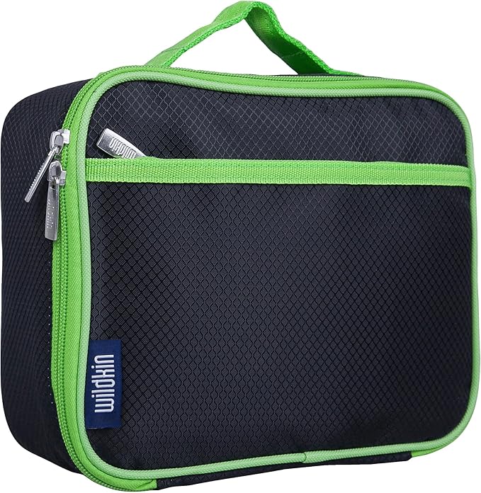 Wildkin Kids Insulated Lunch Box, Keeps Food Hot or Cold, BPA-Free with Mesh Pockets & Easy-Clean Lining – Ideal for School, Travel & Daycare – Rip-Stop Black/Green