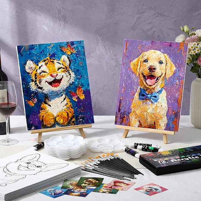 Cholemy 36 Pcs Paint and Sip Kit for Adults 8''x10'' Pre Drawn Canvas for Painting DIY Afro Acrylic Painting Kit Wood Easel Brushes Date Night Bulk for Father's Day Party Gifts(Animal)