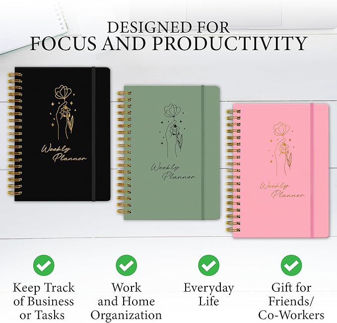 Undated Weekly Planner & Notebook for Work, School & Home — Aesthetic Hardcover Spiral Blank Planner with Habit Tracker, Goal Organizer & To Do List—124 No-Bleed Pages, 6.4×8.5", Black
