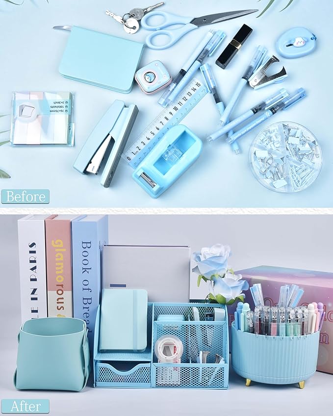 20Pcs Blue Desk Organizers and Accessories With Mesh Desk Organizer and 360°Rotating Pen Holder and a Lot of Office Blue Office Supplies Beautifully Presented in a Gift Box