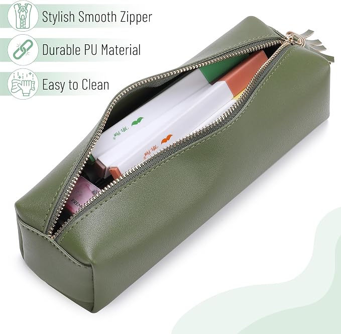 Mr. Pen- PU Leather Pencil Case, Green | Pencil Case Small Pencil Pouch Aesthetic Pencil Cases