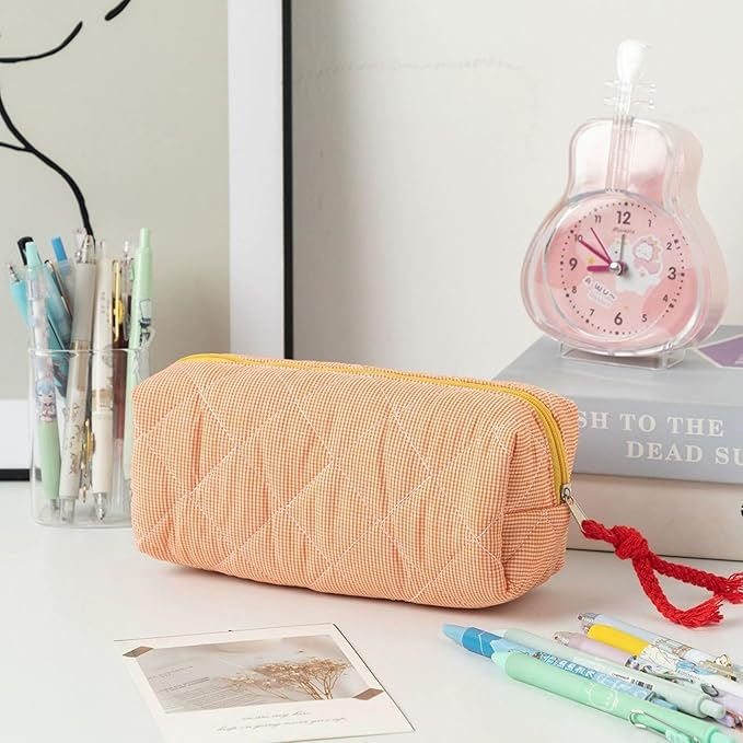 Pencil Case Office College School Storage Bag Pouch Holder Box Organizer Makeup Pouch Cosmetic Bag Aesthetic Cute Pen Case for Girls Boys Kids (Plaid orange)