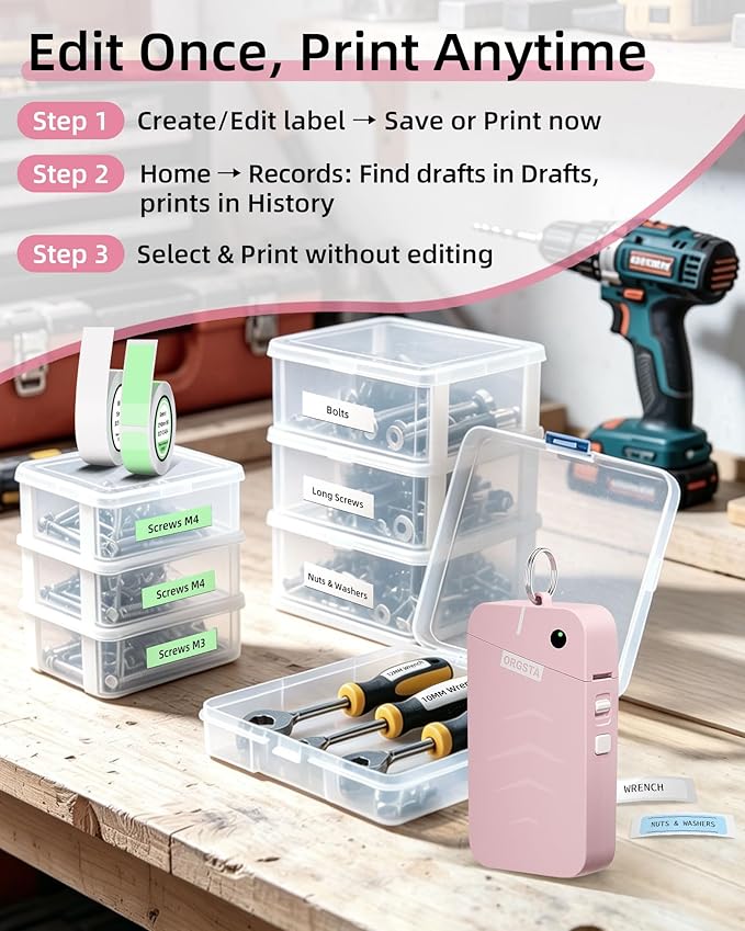 ORGSTA Label Maker, S001 Portable Bluetooth Label Maker Machine with Tape, Thermal Label Printer for Home, Office, School Organization, Wireless Mini Labeler Machine, Pink