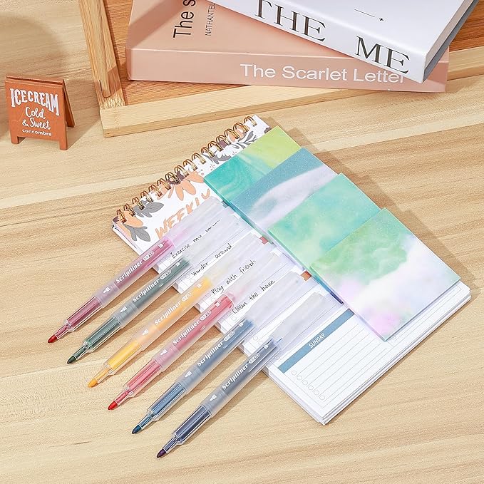 BAYTORY 200 Sheets Transparent Sticky Notes, 6Pcs Double-Ended Colored Marker Pen, 3 x 3 Glitter Clear Sticky Notes, Waterproof Self-Stick Note, Easy to Post for Note Taking (Morandi)