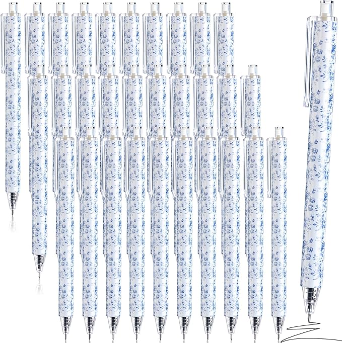 Resurhang 60 Pcs Blue and White Floral Ballpoint Pens 0.5 mm Black Ink Chinoiserie Gel Pens Vintage Aesthetic Retractable Ballpoint Office School Supplies for Bridal Baby Shower Wedding