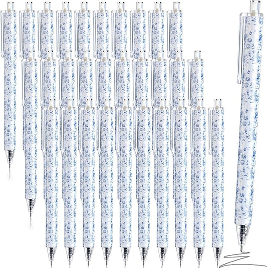 Resurhang 60 Pcs Blue and White Floral Ballpoint Pens 0.5 mm Black Ink Chinoiserie Gel Pens Vintage Aesthetic Retractable Ballpoint Office School Supplies for Bridal Baby Shower Wedding
