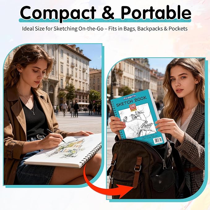 FIXSMITH 9"X12" Teal Sketch Book, 400 Sheets (68 lb/100gsm) Spiral Sketchbook, Acid Free Drawing Paper, Sketch Pad for Beginners,Artists & Professionals, Bright White