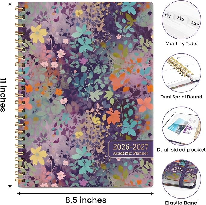 Academic Planner 2026-2027, Weekly and Monthly Calendar Book, July 2026 – June 2027, Hardcover Planner with Tabs, Perfect for Teachers, Students, Women & Men, A4 (8.5" x 11") - Lavendar Floral