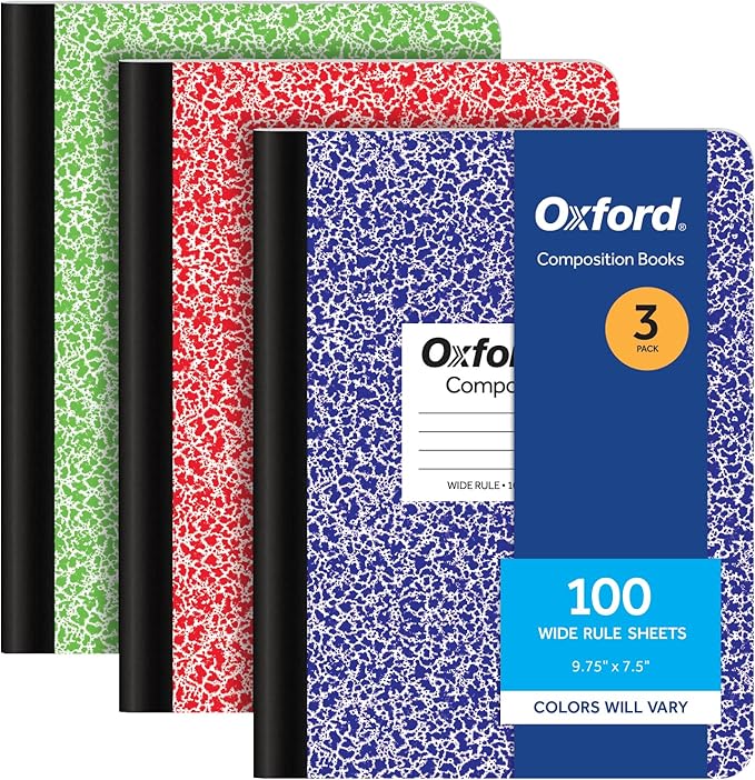 Oxford Composition Notebooks, 3 Pack, Cover Colors Vary, Wide Ruled Paper, 9-3/4 x 7-1/2 Inch School Journals, Assorted Marble Covers, 100 Sheets per Book (1002517)