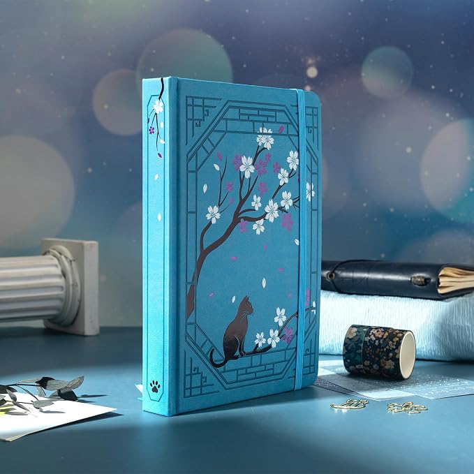 TIEFOSSI A5 Lined Journal, Cute Cat Journal for Women Girls, College Ruled Notebook with Pretty Sakura Pattern, Aesthetic Diary for Writing Journaling Drawing, Golden Edges