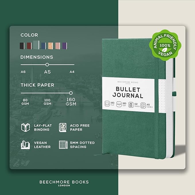 BEECHMORE BOOKS A5 Dotted Journal – 160gsm Thick Paper No-Bleed Bullet Notebook – Hardcover Dot Grid Logbook with Presentation Gift Box – Vegan Leather Sketchbook for Artists & Professionals