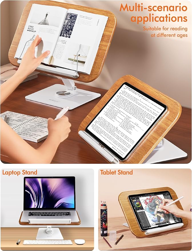 Book Stand for Reading, Adjustable Ergonomic Book Holder with 360° Rotating Base, Rubberwood Panel Cookbook Stand, Elastic Clips, for Laptop Textbooks Sheet Music Recipe Magazines Tablets.