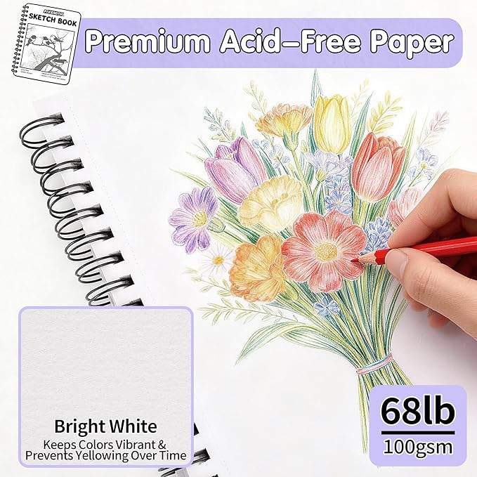 FIXSMITH 9"X12" Purple Sketch Book, 100 Sheets (68 lb/100gsm) Spiral Sketchbook, Acid Free Drawing Paper, Sketch Pad for Beginners,Artists & Professionals, Bright White