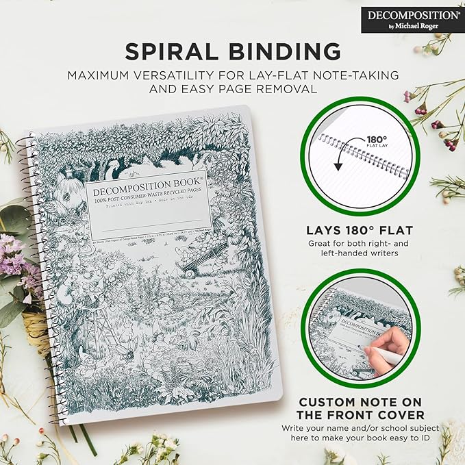 Decomposition Gardening Gnomes College Ruled Spiral Notebook - 9.75 x 7.5 Journal with 160 Lined Pages - 100% Recycled Paper - Cute Notebooks for School Supplies, Home & Office - Made in USA