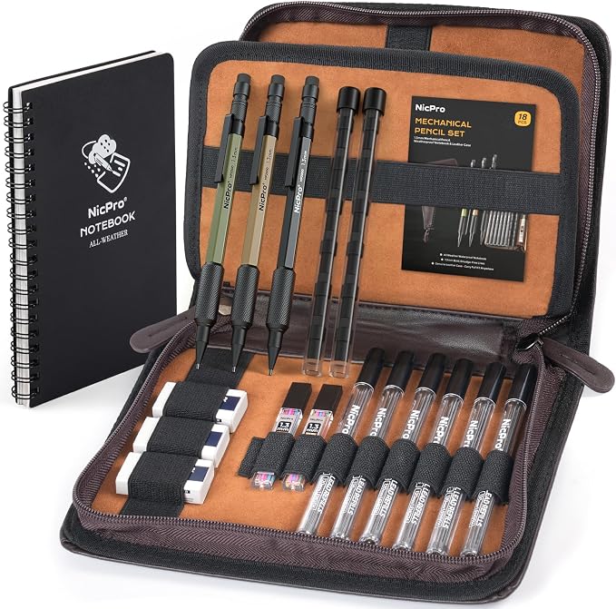 Nicpro 1.3mm Mechanical Pencil Set with Waterproof Field Notebooks | 3PCS Metal Heavy Duty Carpenter Pencil with Leather Bag,Lead Refill & Eraser for Outdoor Journal Travel Drafting Drawing