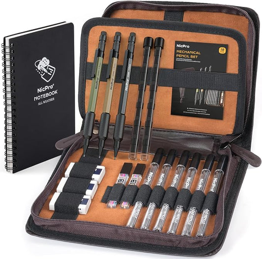 Nicpro 1.3mm Mechanical Pencil Set with Waterproof Field Notebooks | 3PCS Metal Heavy Duty Carpenter Pencil with Leather Bag,Lead Refill & Eraser for Outdoor Journal Travel Drafting Drawing