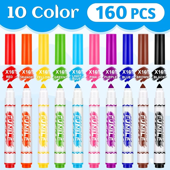 FUMILE Washable Markers Bulk,160 Count 10 Assorted Colors Markers for Kids,Broad Line Conical Tip Coloring Marker Bulk For Student, Back to School Supplies, Teacher Classroom Must Haves & Essentials
