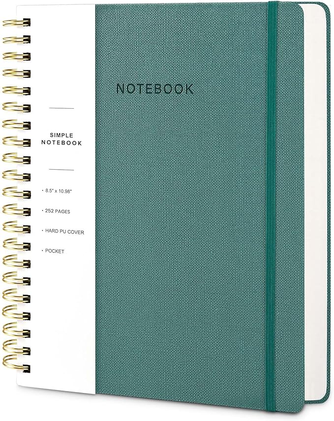 Spiral Notebook - 8.5 x 10.98 Inch Large Hard Cover Notebook with Elastic Band & Pocket, 252 Pages, Lay Flat Wirebound Journal for Work, School, Planning & Note Taking Green