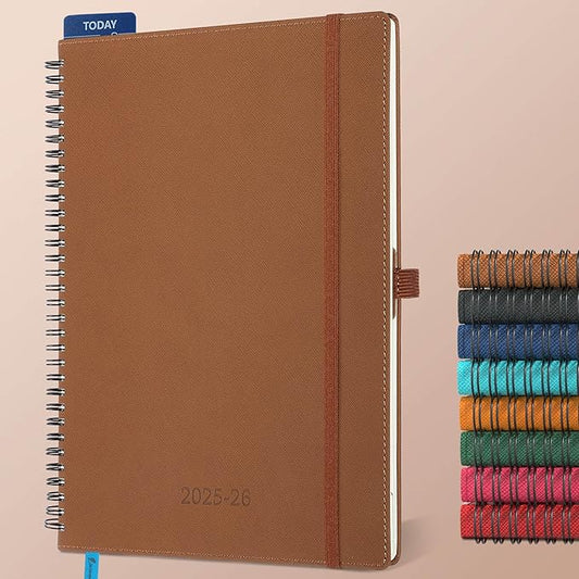 Planner 2025-2026 Daily Weekly and Monthly,11.5"x8.5",18 Months Spiral Bound Calendar Agenda with Self-adhesive Pen Holder,2026 Academic Plan with Vegan Leather Soft Cover,Brown