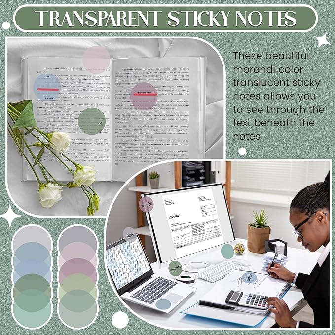 Sabary 500 Sheets Transparent Sticky Notes Round Translucent Sticky Notes Tabs Colorful Page Flags Stickers Clear Book Markers Bible Journaling Office Back to School Supplies(1.75 Inch,Dark)