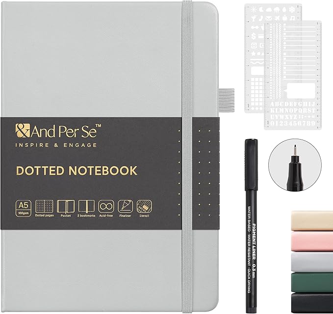 &And Per Se Dotted Journal Notebook, A5 Hardcover with Journal Dotted Pages, Stencils & Pen, 176 Numbered Pages for Beginners Women Men (Grey)