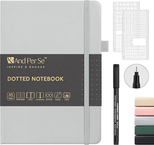 &And Per Se Dotted Journal Notebook, A5 Hardcover with Journal Dotted Pages, Stencils & Pen, 176 Numbered Pages for Beginners Women Men (Grey)