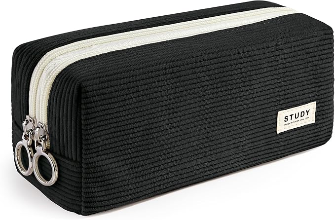 KALIDI Large Pencil Case Corduroy Pencil Pouch Box Cute School Supplies for Teen Girls Boys, Black
