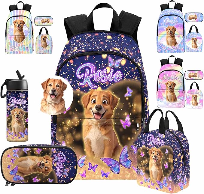 M YESCUSTOM Custom Girls Backpack with Pet Face Personalized School Bookbag with Lunch Bag Kids Backpacks for Girls Boys Elementary Preschool Cute Book Bag Daypack Travel Bag Water Bottle
