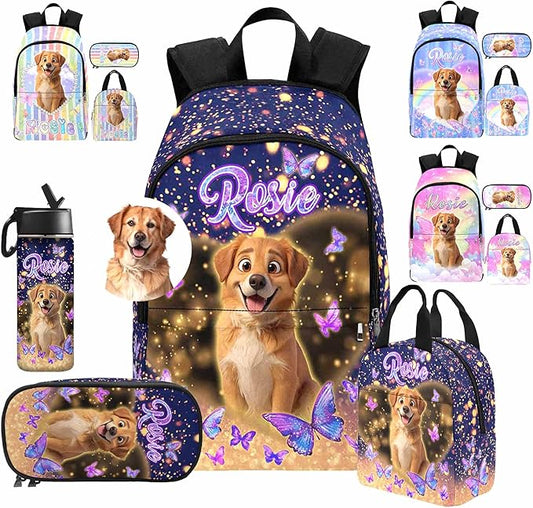 M YESCUSTOM Custom Girls Backpack with Pet Face Personalized School Bookbag with Lunch Bag Kids Backpacks for Girls Boys Elementary Preschool Cute Book Bag Daypack Travel Bag Water Bottle