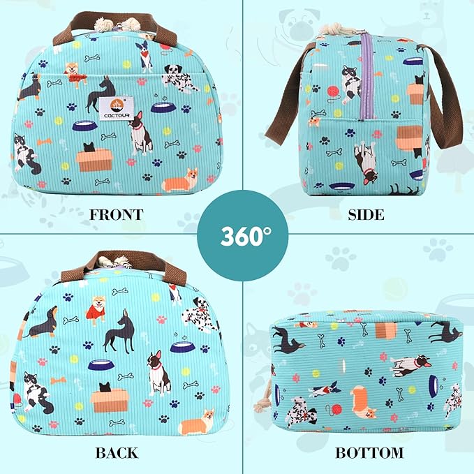 CaCTOUR Lunch Box for Women Girls Teens,Cute Lunch Box Cooler Bag, Portable Insulated Small Lunch Bag Women Reusable Corduroy Lunch Tote for Work/Travel/Picnic/School (Dog Green,Small)