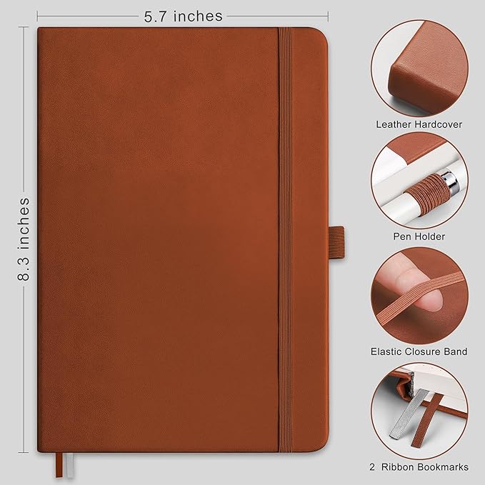 RETTACY Lined Journal Notebook, 2-Pack, 192 Numbered Pages per Pack, A5 Medium Size (5.7'' x 8.3''), for Men & Women, Writing, Work, Leather Hardcover, 100 GSM Thick Paper (Black & Brown)