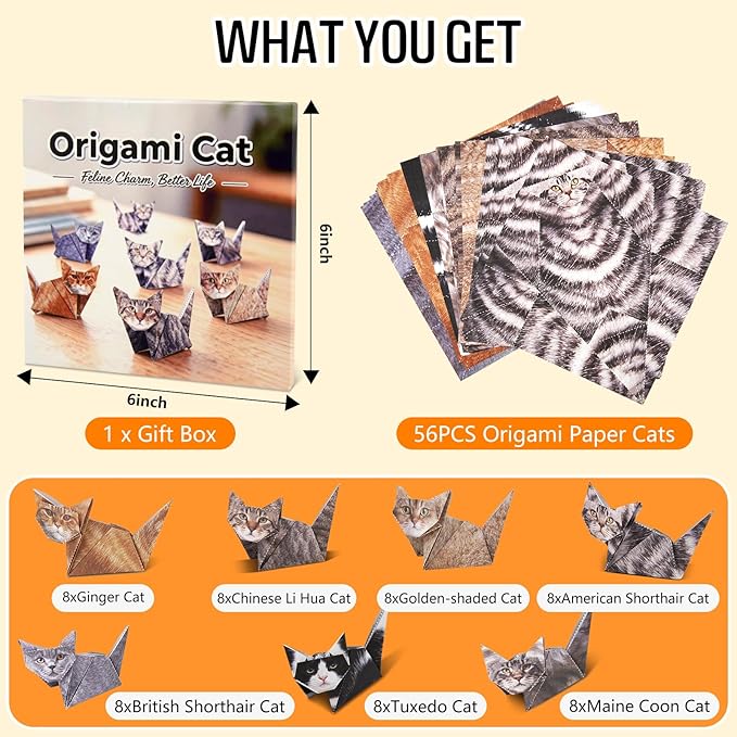 hapray 56 Sheets Origami Paper Cats with Guideing Manual & Video, Easy to Fold DIY Craft Kits for Adults, Origami Kit for Kids Ages 8-12, Fun Craft Desk Decoration & Creative Gifts for Cat Lovers